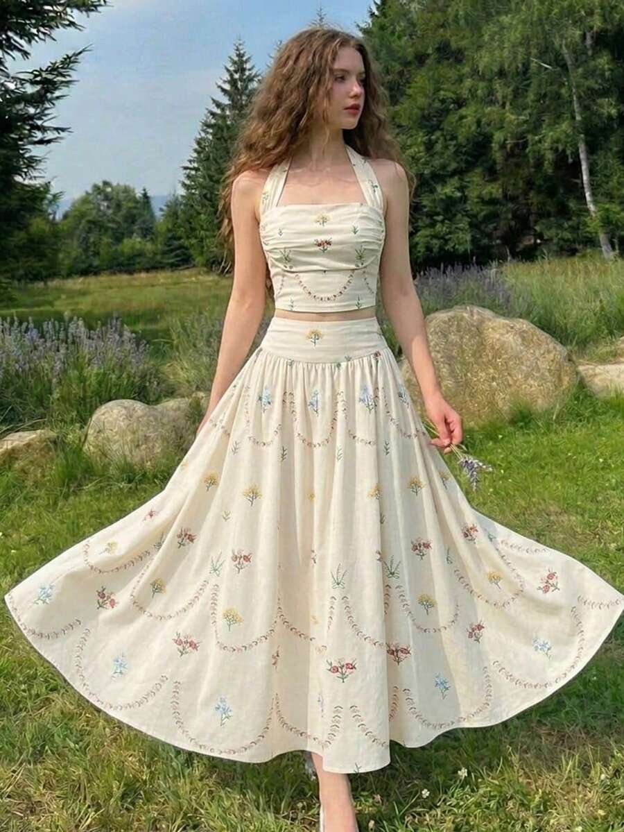 SHEIN MOD Bộ đồ 2 món dành cho nữ: Áo hai dây in hoa và chân váy midi. - Màu be - Xem 1