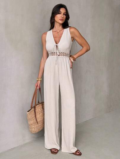 SHEIN Tall Mono de mujer con cuello en V y lazo para uso diario
