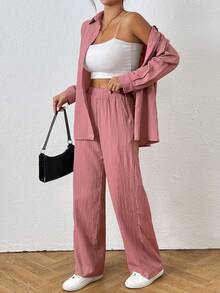 SHEIN PETITE 女款度假風紋理單排扣襯衫與休閒口袋長褲兩件套，適合嬌小女性 - 珊瑚粉 - 查看 5