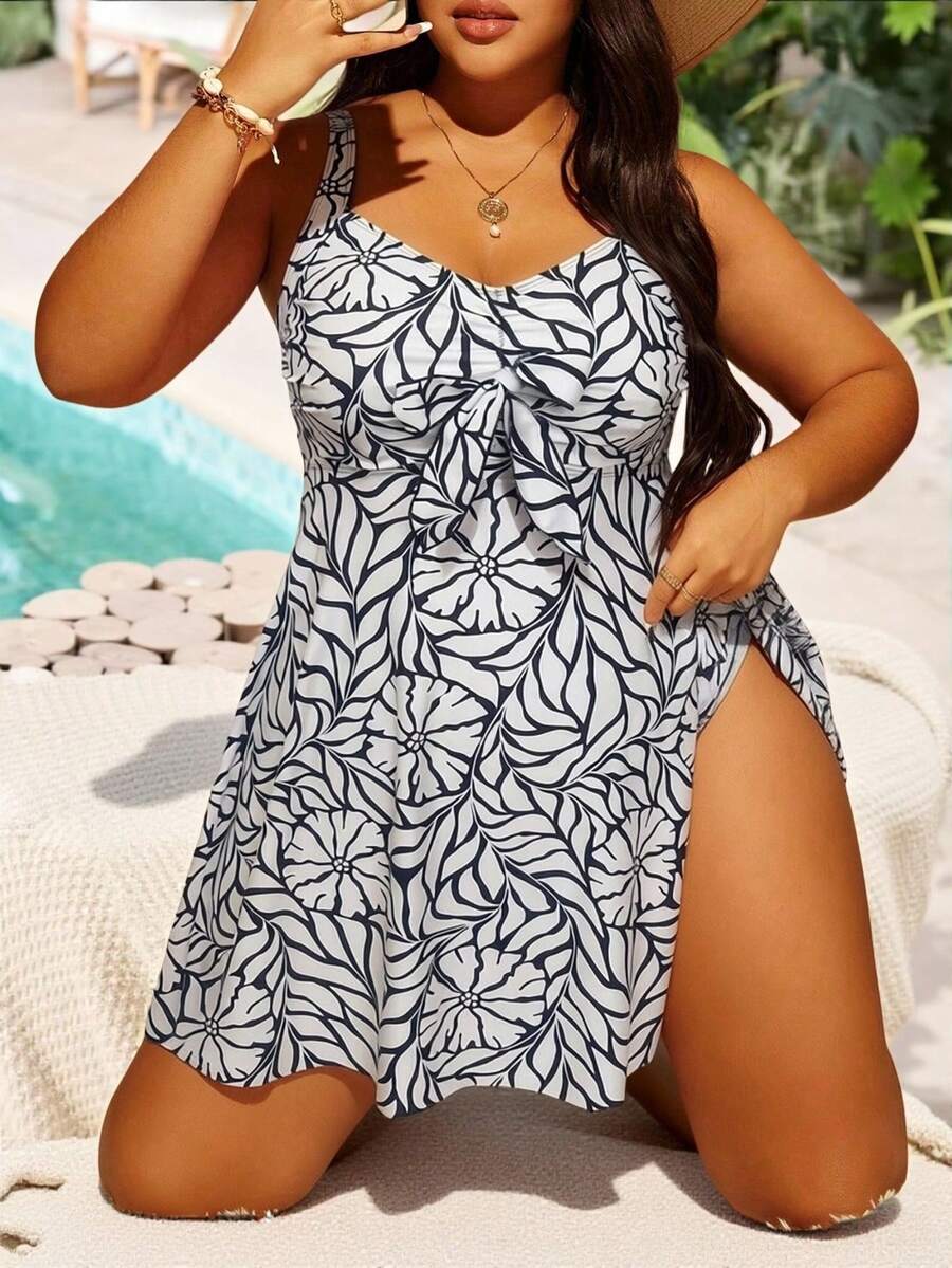 Swim Lushoire Plus Size Vacation Beach Floral Print Swim Skirt - Black and White - View 1