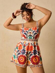 Travachic Plus Size Floral Print Romper, Casual Holiday - Multicolor - View 3