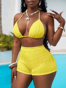 Slaydiva 2pcs Swimwear Set, Tie Strap Triangle Bikini Top And Shorts, Fashion Beach Swimwear - Yellow - View 6