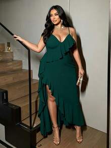 NU&NOW Plus Size Spaghetti Strap High Slit Ruffle Hem Red Party Dress - Green - View 7