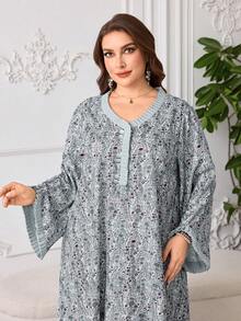 Al Najma Casual Allover Print Pleated Decor Long Sleeve Loose Regular Spring/Autumn Plus Size Women Arabic Dress - Multicolor - View 3
