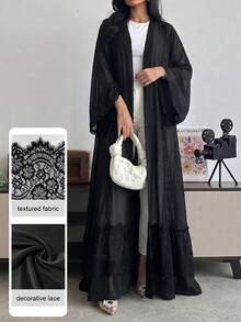 SHEIN Najma 优雅蕾丝拼接长袖喇叭袖口开襟女式长袍 - 黑色 - 查看 2