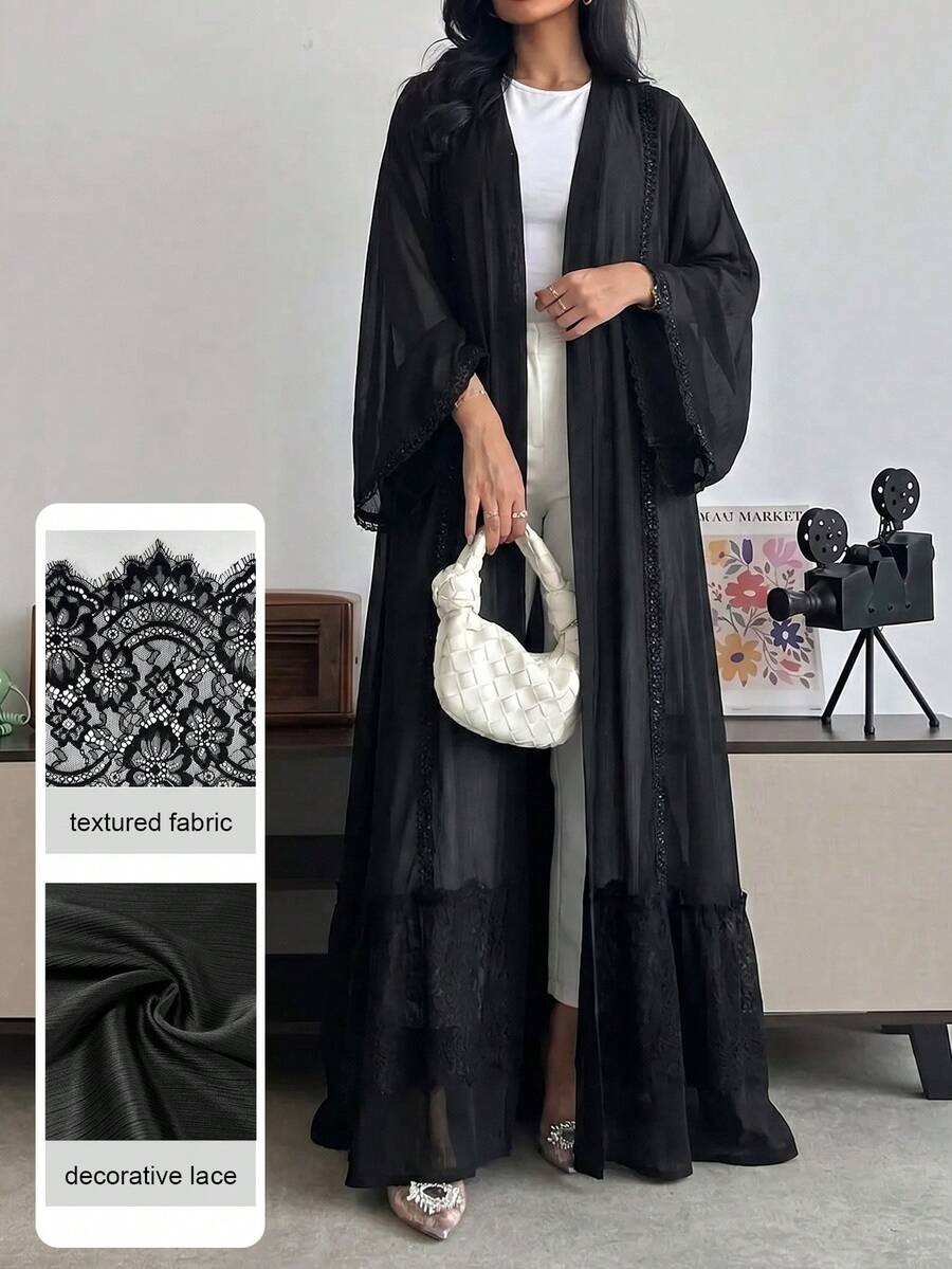 SHEIN Najma 优雅蕾丝拼接长袖喇叭袖口开襟女式长袍