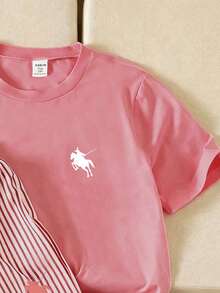 SHEIN Teen Girl Striped Short Sleeve T-Shirt And Pants Set - Pink - View 4