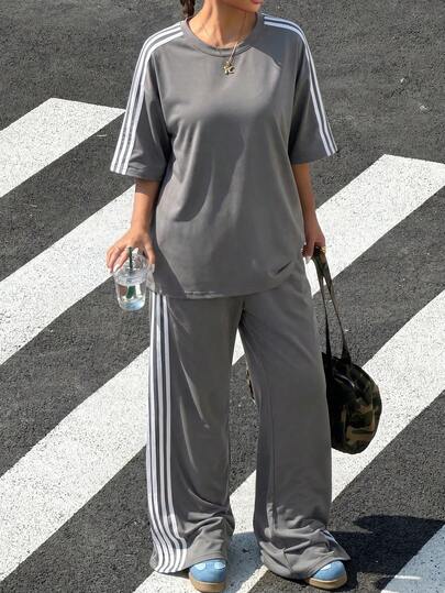 Muchica 大码女装两件套，拼接撞色圆领上衣和裤子，休闲日常穿着