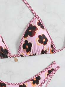 Swim Vcay Women's Summer Beach Floral Print Halter Tie Sexy Bikini And Triangle Panty Swimwear Set - Multicolor - View 3