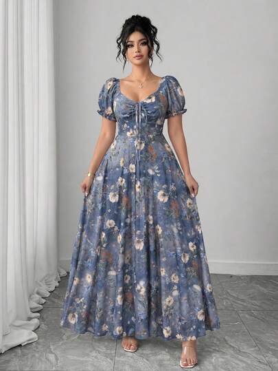 Franclia Plus Size Women's Vintage Denim-Style Cinched Waist Maxi Dress, Square Neckline With Short Puff Sleeves, Drawstring Bust, A-Line Skirt, Retro Ditsy Floral On Denim-Look Background