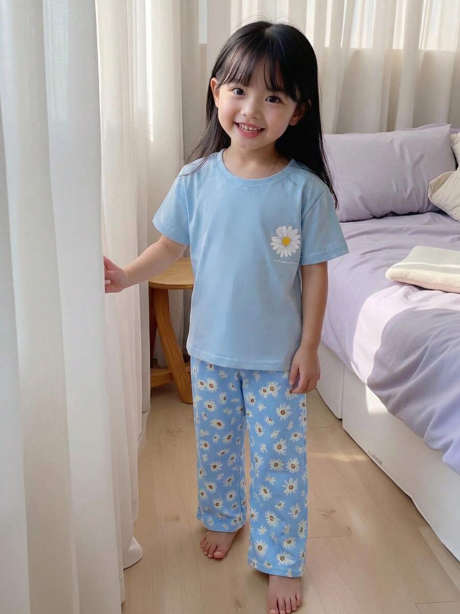 SHEIN 女童雏菊印花短袖T恤和长裤家居服套装 - 藍色 - 查看 1