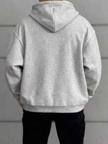 Manfinity Dauomo Plus Size Men's Solid Color Drop Shoulder Long Sleeve Zip Front Drawstring Hooded Sweatshirt, Autumn/Winter - Grey - View 2