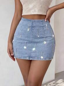SHEIN Glamour Chân váy denim ngắn nữ mùa hè, phong cách thường ngày, thoải mái, đính sequin và tua rua. - Màu xanh lam - Xem 5