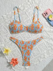 Swim Mod Springbreak 女款兩件式泳裝，隨機碎花圖案，掛脖式肩帶，性感時尚海灘比基尼套裝 - 彩色 - 查看 4