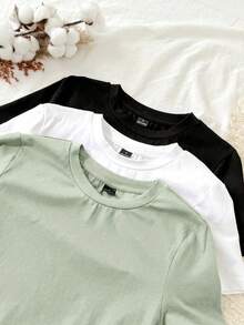 Tseoso Bộ 3 món áo thun nữ tay dài cổ tròn dáng ôm, phong cách tối giản thường ngày, chất liệu 95% cotton. - Nhiều màu - Xem 3