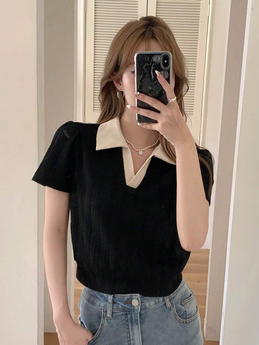DAZY Contrast Collar Puff Sleeve Tee,Crop Tops Women - Black - View 1