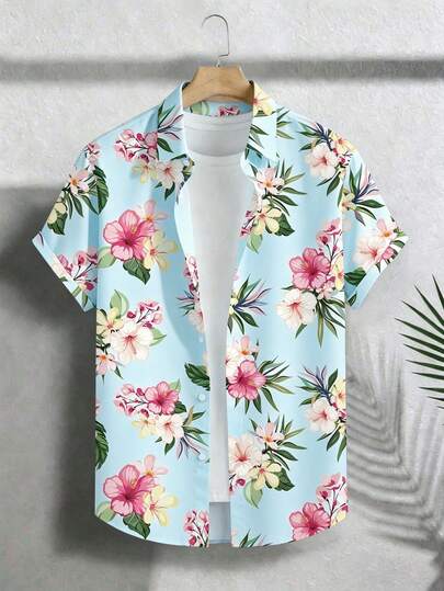 VIVINTIMO Camisa casual de vacaciones con estampado floral para hombres