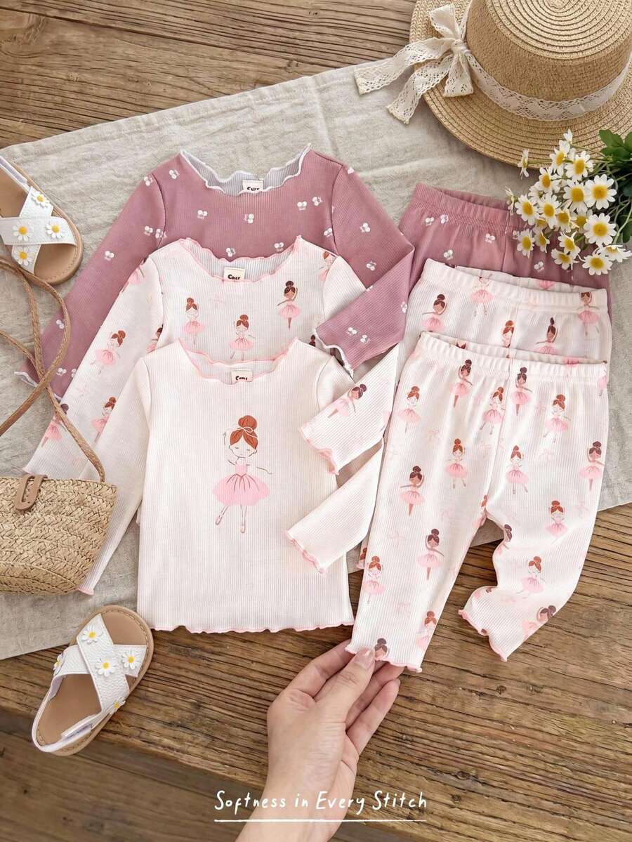 Cozy Pixies Bộ đồ ngủ 3 món cho bé sơ sinh, áo dài tay và quần, họa tiết dễ thương như yêu tinh, quả anh đào, phong cảnh đồng quê, phong cách Bắc Âu, đồ mặc nhà thoải mái, phù hợp cho mùa xuân, mùa hè và mọi mùa. - Hồng - Xem 1