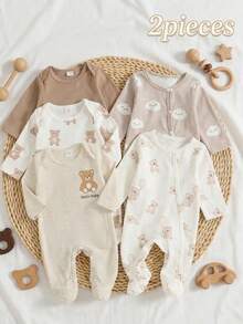 2 paquetes de mamelucos para bebés recién nacidos, con estampados lindos de nubes, estrellas y osos, de manga larga y con pies, suaves y cómodos - Multicolor - Ver 1