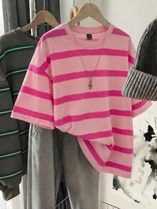 SHEIN Essnce 女款休閒條紋印花圓領寬鬆短袖T恤，適合夏季 - 彩色 - 查看 2