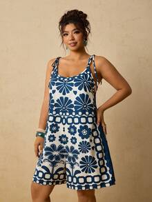 Travachic Plus Size Casual Vacation Floral Print Red Tie-Up Loose Camisole For Women - Blue and White - View 3