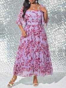 Viva Relle Plus Size Elegant Romantic Floral Print Long Pleated Dress - Purple - View 6