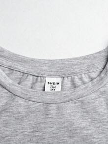 SHEIN 少女针织套装 - 灰色纯色圆领短袖T恤 + 翻边裤，休闲运动风，适合夏季 - 淺灰色 - 查看 7