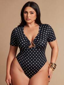 SHEIN BAE CURVE 大码女式黑色波点金属装饰短袖连体衣，优雅连体衣 - 黑色 - 查看 3