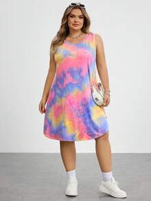 SHEIN CURVE+ 大码女式扎染印花无袖休闲连衣裙,女士夏季服装,女士防晒裙 - 彩色 - 查看 8