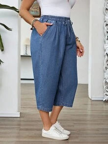 SHEIN PETITE CURVE PETITE CURVE Plus Size Women's Elastic Waist Drawstring Denim Capris With Pockets, Casual Everyday Autumn Streetwear Pants Vacation Dusty Blue - Medium Wash - View 5