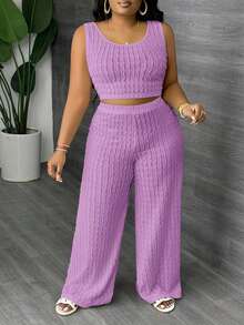 Slaydiva Conjunto de 2 piezas de chaleco largo casual blanco y pantalón de pierna ancha talla grande, para primavera/verano - Morado - Ver 4