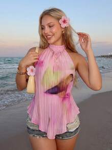SHEIN ICON Blusa de cuello halter asimétrica con textura para mujer de talla grande - Rosa - Ver 1