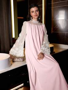 SHEIN Najma Đầm kiểu Ả Rập dành cho nữ, cổ tròn, phối lưới và tay áo loe. - Hồng - Xem 6