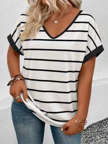 EMERY ROSE New Arrival Plus Size Women's Fashion Casual Versatile Striped Contrast V-Neck Short Sleeve T-Shirt - Multicolor - View 6