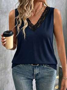 EMERY ROSE Plus Size Women Lace Collar V-Neck Casual Tank Top - Navy Blue - View 1