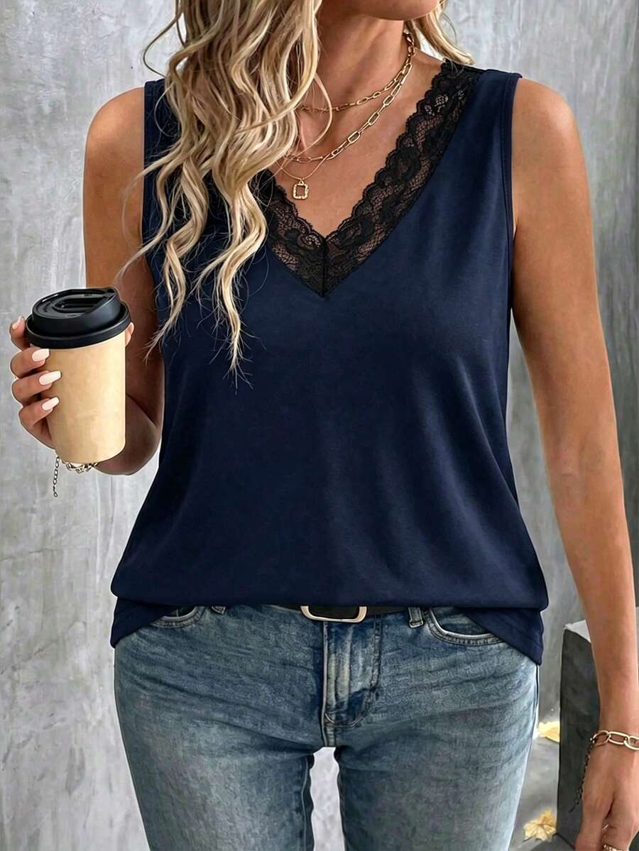 EMERY ROSE Plus Size Women Lace Collar V-Neck Casual Tank Top - Navy Blue - View 1