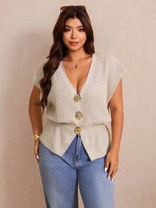 Elaquor Áo khoác cardigan mùa hè dáng rộng, cài kim loại, cổ chữ V, tay cánh dơi - Màu Khaki - Xem 3