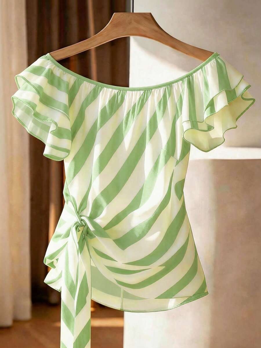 Franclia Plus Size French Style Off-Shoulder Ruffle Trim Striped Top - Lime Green - View 1
