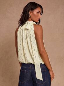 SHEIN Glamour 女款時尚百搭金色波點印花百褶掛脖繫帶上衣 夏季度假度假風上衣 - 杏色 - 查看 2