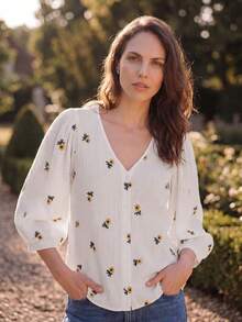 Dayvera Fashionable French Floral Embroidered Blouse, Loose Cotton Casual Cottage Core Resort Style, V-Neck 3/4 Puff Sleeve Top, Fresh Ditsy For Autumn Brunch - White - View 3