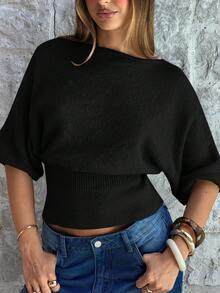 Aloruh Women's Loose Waist Short Sleeve Ribbed Batwing Sleeve Boat Neck Apricot Sweater, Suitable For Commuting And Daily Wear In Spring/Summer - Black - View 8