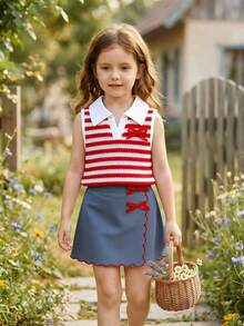 SHEIN Elladie kids 两件套女童夏季新款红色针织领背心上衣搭配牛仔短裙，饰有蝴蝶结，时尚可爱夏季套装 - 紅色 - 查看 9