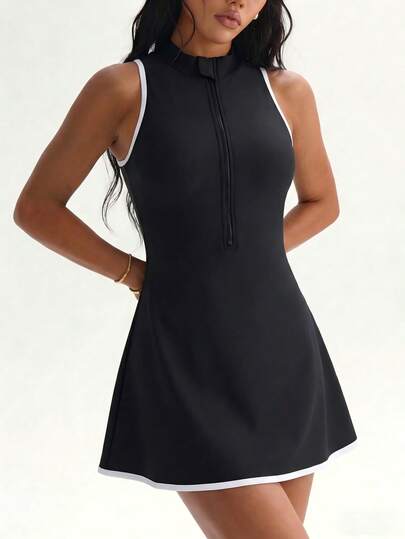 CourtClass CourtClass Women's Black Backless Tennis Dress, High Neck Sleeveless Contrast Trim Athletic Skater Dress, Sports Golf Workout Activewear,Women's Stand Collar Color Block Pocket Casual Everyday Outdoor Exercise Sports Dress,Backless Active Dress,Black Tennis Dress,Athletic Romper Dress,Workout Dress,Activewear Dress,Athletic Dresses,Sport Dress For Women