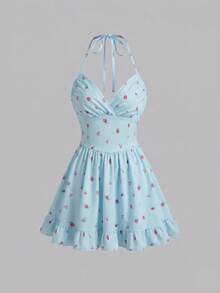 Sunnyshic Ditsy Floral Pleated Cinched Waist Neck Ruffle Hem Mini Dress - Multicolor - View 5