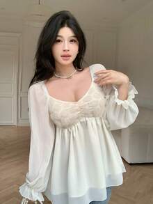 Modelyn 女士法式米色甜美飘逸网纱花卉刺绣薄纱长袖衬衫 - 米色 - 查看 6