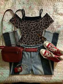 Attitoon Áo thun nữ tay ngắn màu đen phối họa tiết da báo, phong cách grunge vintage chic, kiểu Y2K, thích hợp cho mùa xuân và mùa hè. - Nhiều màu - Xem 8