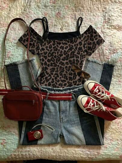 Attitoon Women's Casual Retro Sexy Leopard Print Contrast Color Black Short Sleeve T-Shirt, Grunge Vintage Chic, Y2K Style, Suitable For Spring And Summer