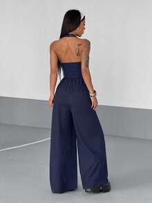 StreetHx Women's Sexy Street Style Navy Blue Deep V Eyelet Decor Halter Jumpsuit For Summer Club Going Out - Navy Blue - View 2