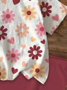 Teen Girls' Casual Cute Polka Dot Colorful Flower & Heart Print 2-Piece Set, Merlot Color, Short Sleeve T-Shirt And Shorts, Suitable For Summer - Multicolor - View 5