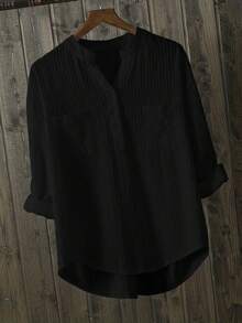 SHEIN 女士纯色纹理纽扣半开襟长袖衬衫 - 黑色 - 查看 3
